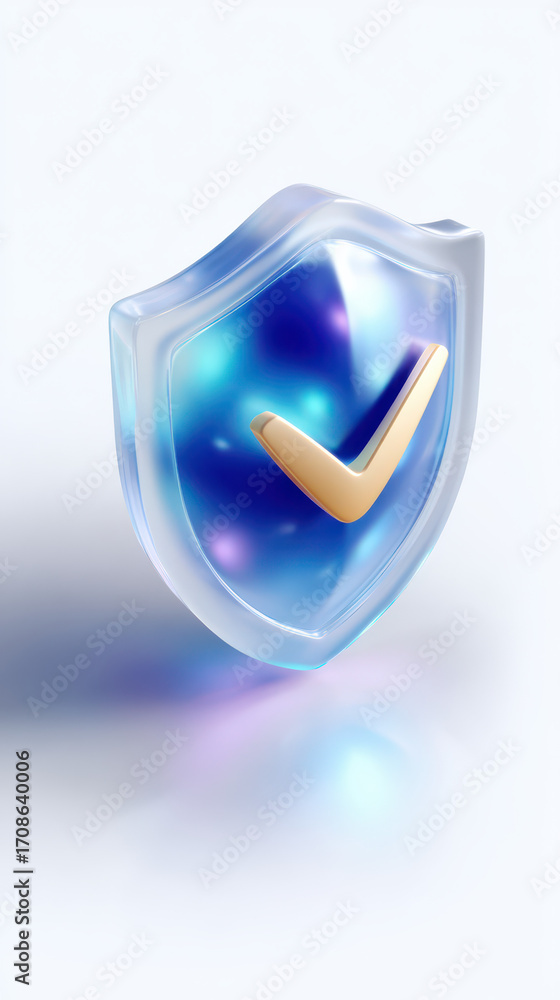 Poster digital shield of security: a gleaming digital shield, emblazoned with a golden checkmark, symbolize