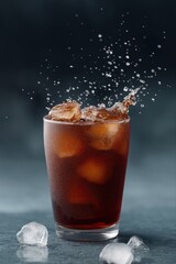 Refreshing iced cola splash with droplets on glass