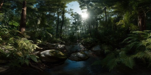 Obraz premium Lush jungle with light beams hdri panoramic view nature scene forest environment tranquil landscape