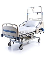 Hospital bed, modern style, with white linens, and metal frame