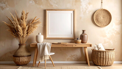 Obraz premium Cozy Japandi style interior with a blank square poster frame mockup on a wooden desk, decorated with pampas grass and natural decor