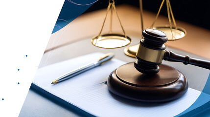 A wooden gavel rests on a document beside a pen, with a golden scale of justice in the background, symbolizing legal proceedings.