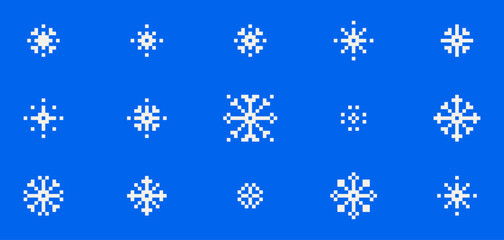 Pixel art snowflakes set on blue sky background. White geometric shapes, minimal mosaic pattern, crystals, ice, snow. Retro game 8 bit winter elements for nostalgic digital design, holiday decorations