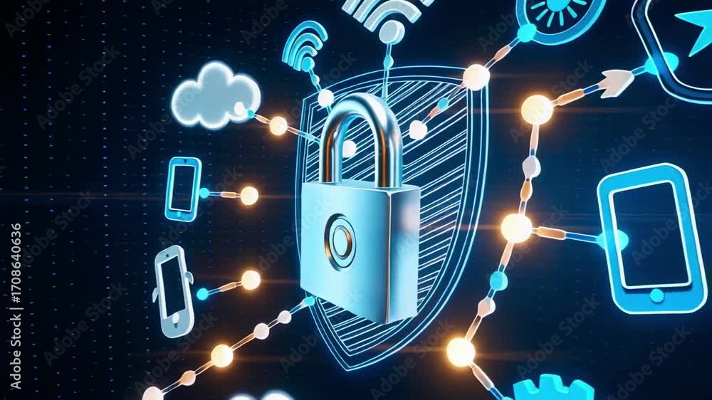 Poster cybersecurity network protection lock shield cloud data security internet connection concept technol