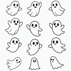Halloween Ghost Vector Illustration in Doodle Style with Retro Groovy Vibe Set.haloween funny spooky ghost,cute ghost, spooky, spooky outline