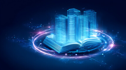 Digital book with glowing skyscrapers emerging from its pages, surrounded by futuristic energy rings and circuit patterns