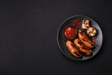 Grilled chicken or beef sausages with sauce and spices. Grilled sausages