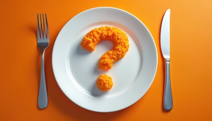 Plate with orange food shaped like question mark, fork, knife. Suggests dining choices, meal uncertainty, menu research, culinary discovery. Represents choices, curiosity, and unknown tastes.
