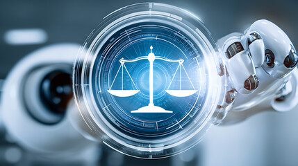 Robotic hand holding a digital scale of justice symbolizing AI in legal systems