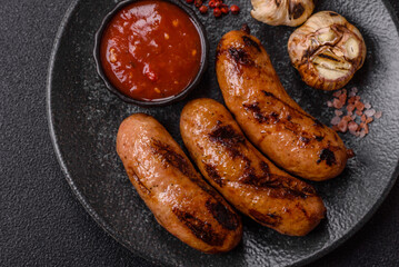 Grilled chicken or beef sausages with sauce and spices. Grilled sausages