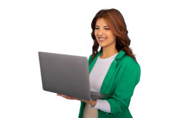 Happy businesswoman using laptop computer with transparent background, perfect for easy compositing