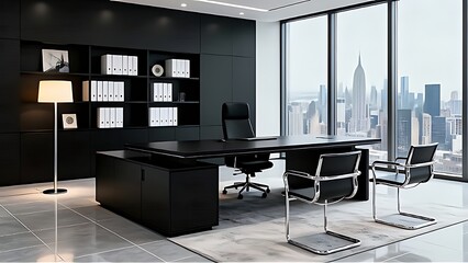 Professional executive office featuring black desk, chrome chairs, floor lamp and panoramic city view. Clean, sleek, and inspiring workspace for modern business and leadership ambiance.