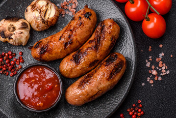 Grilled chicken or beef sausages with sauce and spices. Grilled sausages