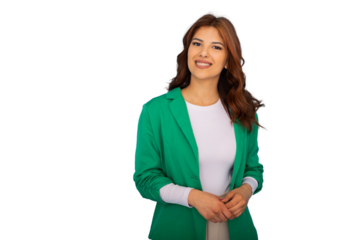 Professional businesswoman smiling, wearing green jacket, isolated on transparent background for seamless graphic design integration