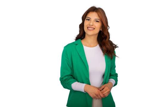 Professional businesswoman smiling, wearing green jacket, isolated on transparent background for seamless graphic design integration