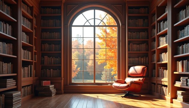 Cozy home library features wooden bookshelves filled with books. Comfortable reading chair sits near large arched window revealing autumn landscape outside. Sunlight streams onto polished wooden