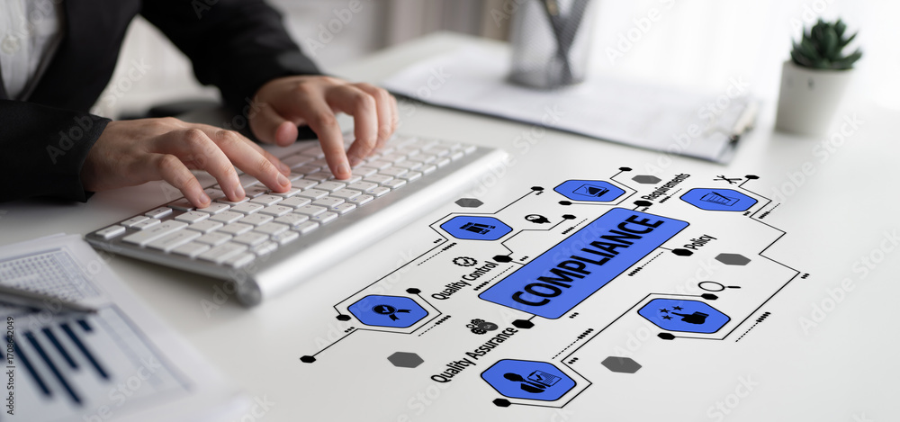 Poster a professional workspace featuring hands on a keyboard with digital compliance icons and analytical 