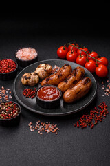 Grilled chicken or beef sausages with sauce and spices. Grilled sausages