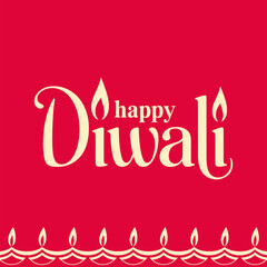 Happy Diwali banner, golden lettering, row of oil lamps border, red festive background, traditional celebration template, vector illustration