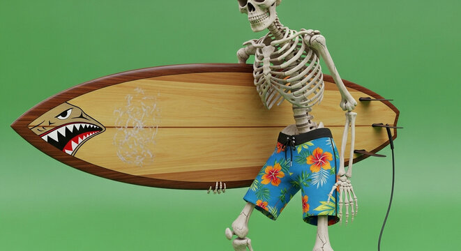 Halloween Skeleton Surfer: 3D Render, Green Background, Summer Vibe - High-quality stock image for commercial use