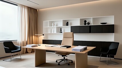 Elegant executive office with beige walls, black cabinetry, and a light wood desk. Combines minimalism and comfort for an inviting yet highly professional atmosphere.