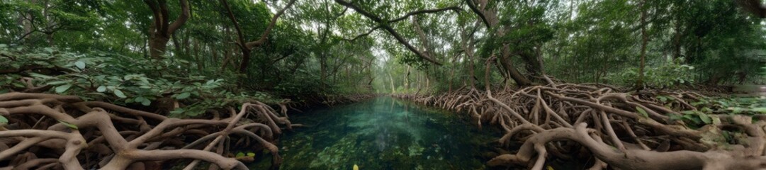 Exported mangrove roots in clear water hdri panoramic landscape lush nature environment