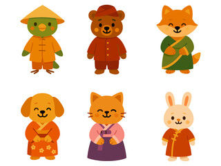 six cute cartoon animals dressed in traditional Asian clothing, including a bird, bear, fox, dog, cat, and rabbit, all smiling in bright and colorful outfits.