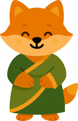 cartoon fox character dressed in a traditional green and yellow robe, smiling warmly with a friendly expression