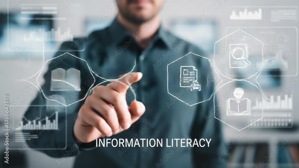Poster man pointing at information literacy interface with icons of research and data analysis shown