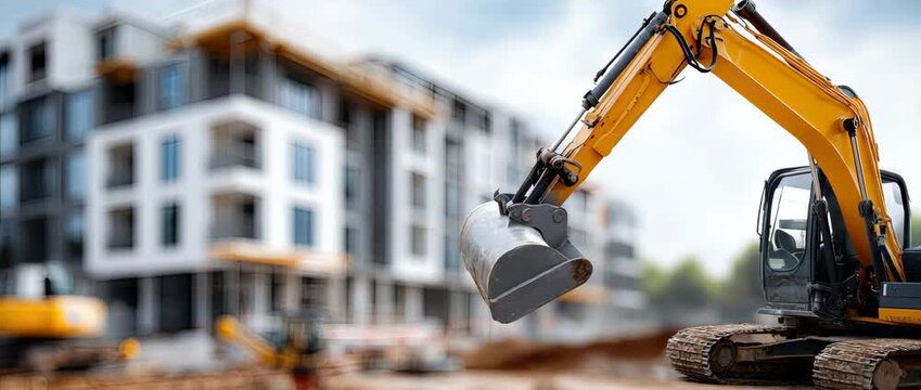 Heavy machinery operates on a sunny day, with an excavator digging diligently at a new construction project