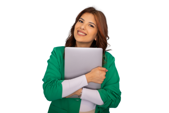 Professional businesswoman clasping laptop lovingly, transparent backdrop enabling seamless graphic design integration