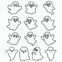 Halloween Ghost Vector Illustration in Doodle Style with Retro Groovy Vibe Set.haloween funny spooky ghost,cute ghost, spooky, spooky outline