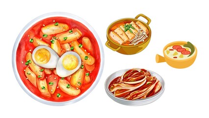 Authentic Korean cuisine illustration featuring kimchi, tteokbokki, and tofu stew ready to serve