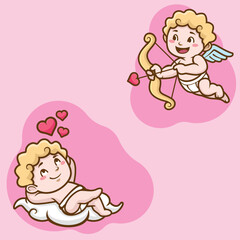 Vector set of cute colorful cupids stickers with hearts. Small angels with wings bow heart hunters fly in the sky. Sticker collection of various angels or cupids printable template