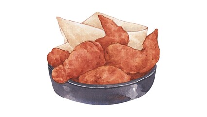 Watercolor illustration of crispy fried chicken wings served hot in a bowl ready to eat