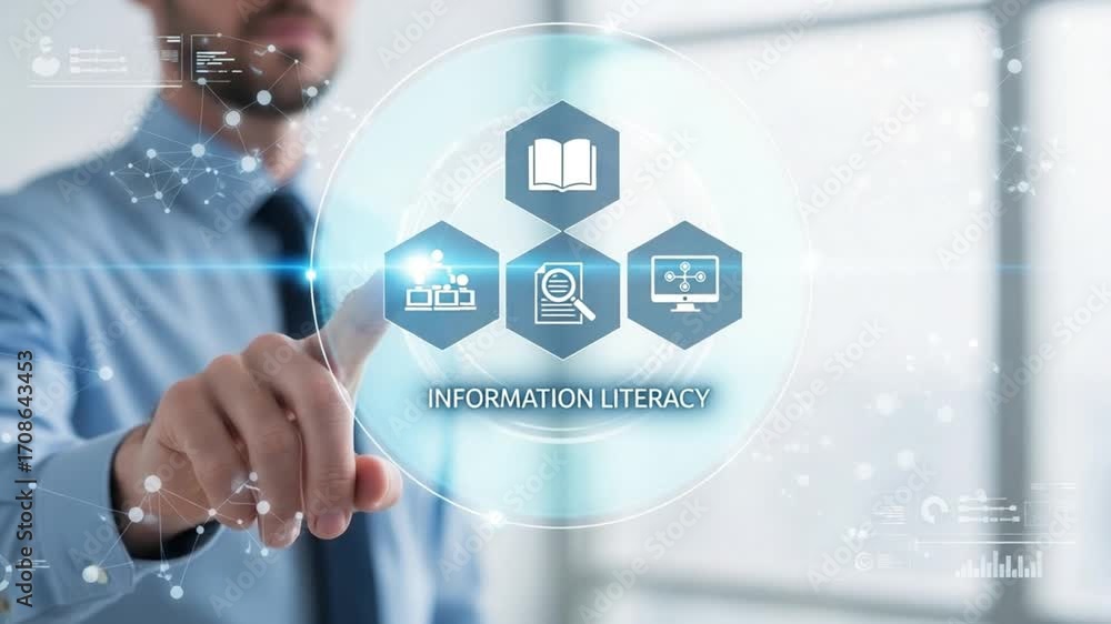 Poster man touching information literacy interface with book computer and magnifier icons on screen display