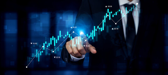Stock market analysis with candlestick chart and price movement trend line, highlighting global...