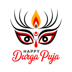 Happy Durga Puja sacred eyes motif, flame bindi symbol, spiritual festival logo, elegant greeting design, vector illustration
