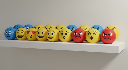 Expressive emoji collection showcasing diverse emotions on shelf, ideal for social media content and digital communication