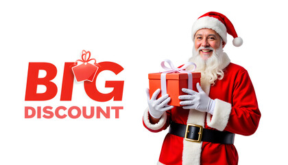 Obraz premium Smiling Santa Claus helper holding gift box, holiday promotion