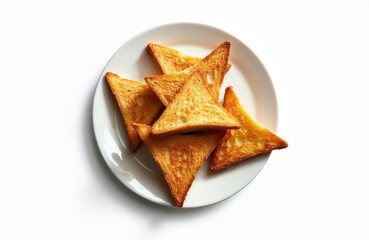 Plate of toasted bread triangles on white background. Golden brown, crispy toast, perfect for breakfast, snacks, sandwiches. Isolated object with clipping path for easy integration into designs.