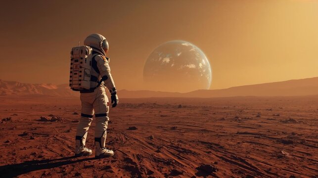 Astronaut on Mars looking at Earth - Powered by Adobe