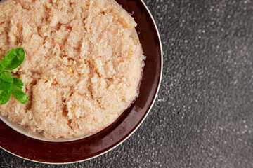 Canned crab meat seafood natural product tasty snack fresh delicious gourmet food background on the table rustic top view copy space pescetarian diet