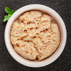 Canned crab meat seafood natural product tasty snack fresh delicious gourmet food background on the table rustic top view copy space pescetarian diet