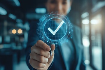 Compliance expert ensuring compliance with a document management system and a checkmark