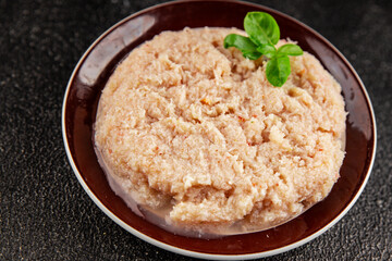 Canned crab meat seafood natural product tasty snack fresh delicious gourmet food background on the table rustic top view copy space pescetarian diet