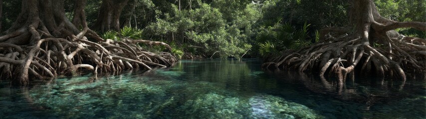 Exported mangrove roots in crystal clear water hdri panoramic view in lush tropical environment
