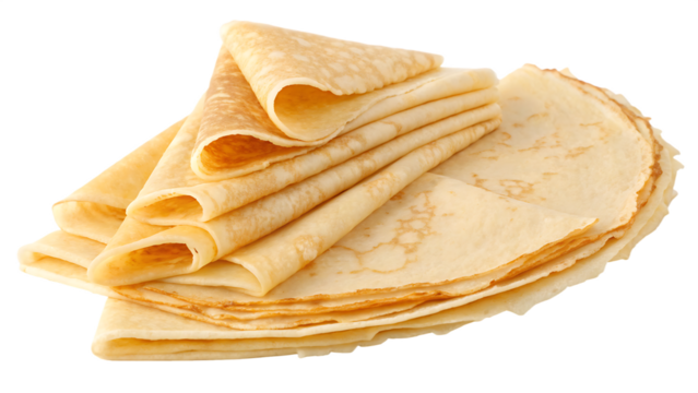 Stack of thin crepes arranged artistically cut out on PNG. AI GENERATED.
