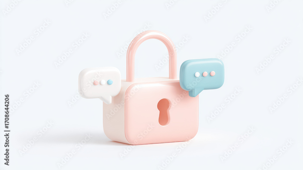 Poster secure conversation: a digital rendering presents a stylized padlock, flanked by speech bubbles, rep