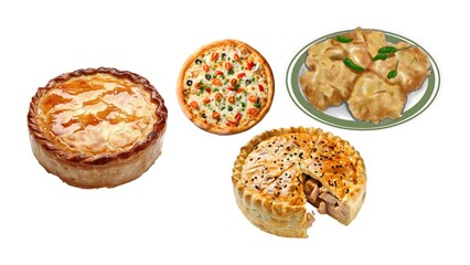 Delicious savory pies and tasty pizza ready to be served for lunch or dinner anytime